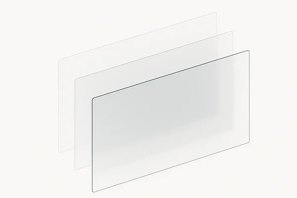 Abstrakte Illustration: mehrere halbtransparente, versetzt überlappende rechteckige Ebenen, Sinnbild für Inhalt hinter einer Oberfläche
