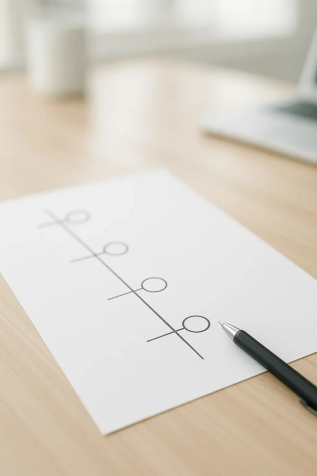 Cloud Web Devs: Handgezeichneter Zeitstrahl auf Papier — Symbolbild für die zeitliche Distanz zwischen TYPO3-Versionen