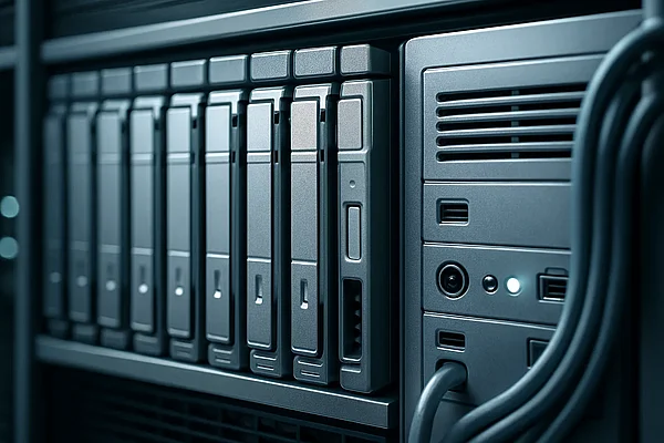 Content-Migration beim Relaunch – Geordnete Datenspeicherarchitektur Strukturiertes Rechenzentrum mit beschrifteten Speicherlaufwerken – Content-Migration ohne Datenverlust