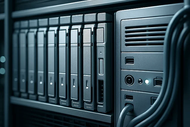 Content-Migration beim Relaunch – Geordnete Datenspeicherarchitektur Strukturiertes Rechenzentrum mit beschrifteten Speicherlaufwerken – Content-Migration ohne Datenverlust