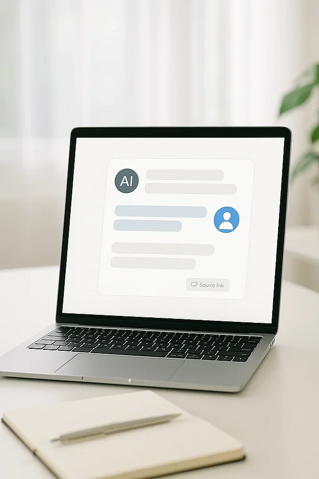 Laptop mit KI-Chat-Oberfläche und Quellen-Hinweis — Symbolbild für Zitierfähigkeit in KI-Antworten