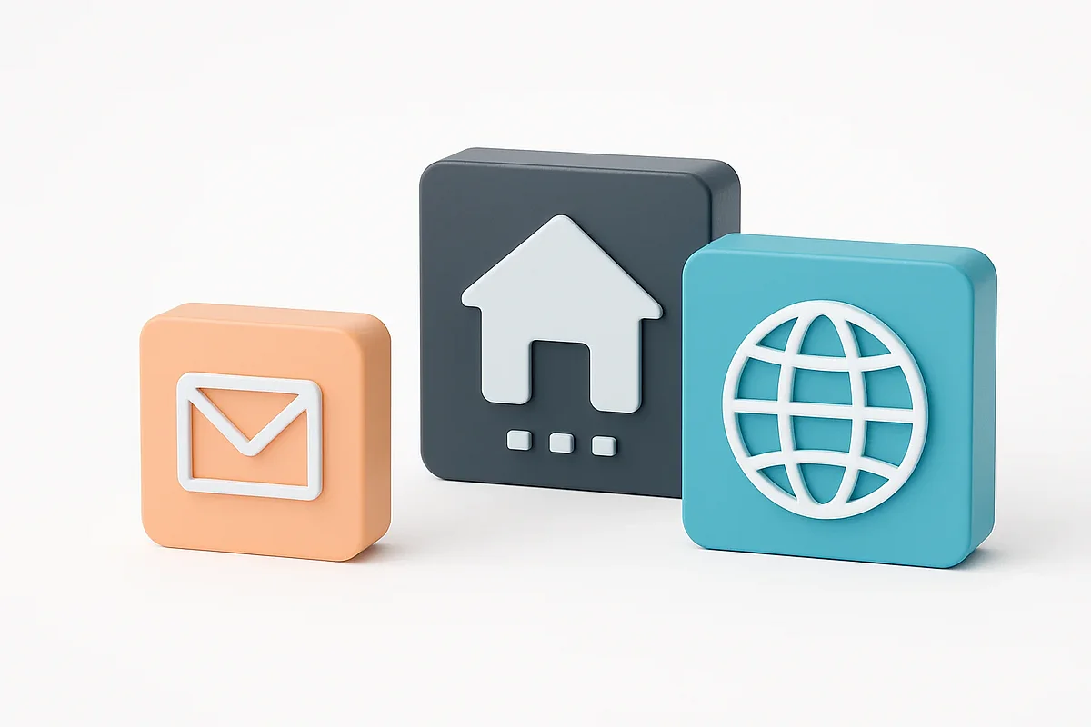 Domain, Hosting und E-Mail als getrennte Bausteine Drei farbige Symbolkacheln mit Briefumschlag, Haus und Weltkugel auf hellem Untergrund, Symbolbild für die Trennung von E-Mail, Hosting und Domain