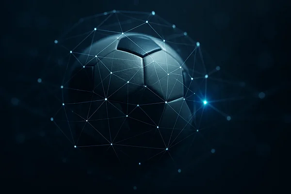 KI tippt die WM Ein Fußball, überzogen von einem Netz aus Datenpunkten und Linien — Sinnbild für KI-Vorhersagen zur WM.