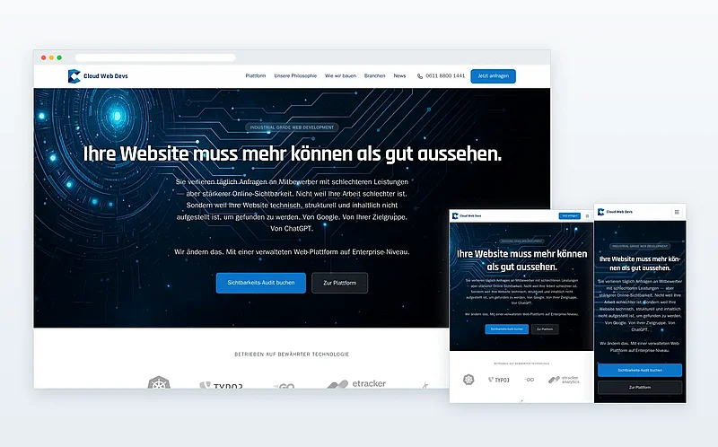 cloudwebdevs-Website als Desktop-, Tablet- und Smartphone-Ansicht