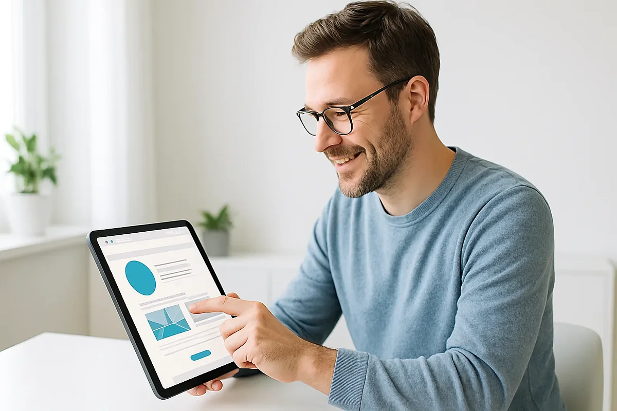 Person bedient zufrieden eine klar gestaltete Website – Usability beim Relaunch Person bedient zufrieden eine klar gestaltete Website – Usability beim Relaunch