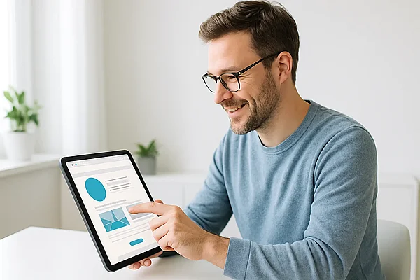 Person bedient zufrieden eine klar gestaltete Website – Usability beim Relaunch Person bedient zufrieden eine klar gestaltete Website – Usability beim Relaunch
