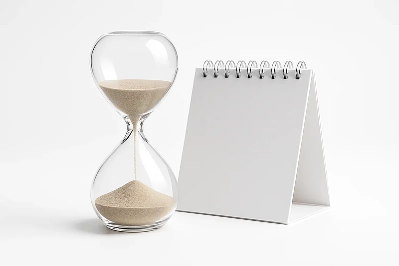 Sanduhr neben einem Tischkalender auf hellem Untergrund, Symbolbild für LTS- und ELTS-Support-Zeiträume