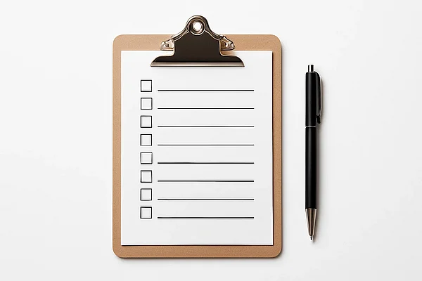 Checkliste auf Klemmbrett Klemmbrett mit leerer Checkliste und Stift auf hellem Untergrund, Symbolbild für die zehn Selbstkontroll-Punkte einer TYPO3-Installation