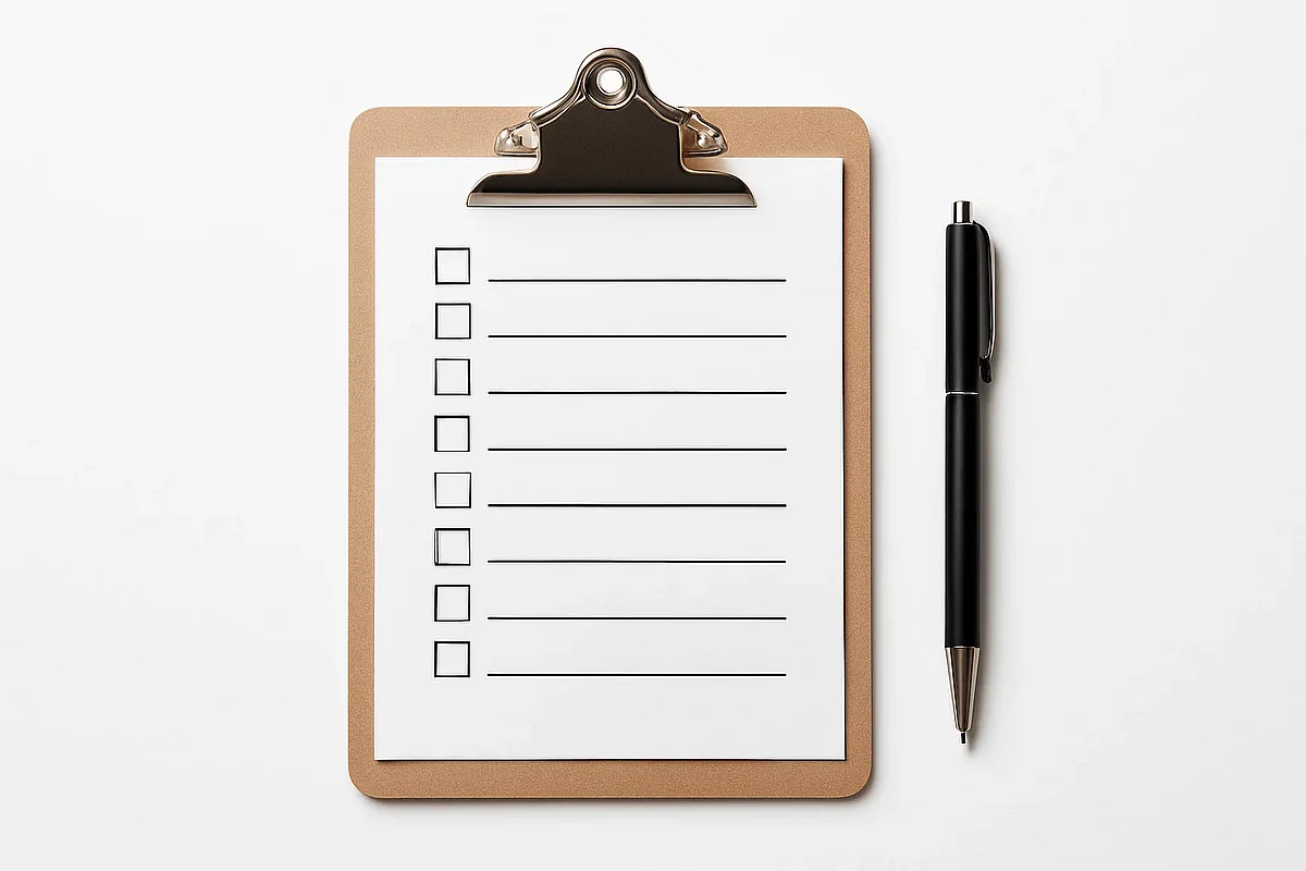 Checkliste auf Klemmbrett Klemmbrett mit leerer Checkliste und Stift auf hellem Untergrund, Symbolbild für die zehn Selbstkontroll-Punkte einer TYPO3-Installation