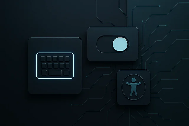 Dunkle Bedienelemente mit Tastatur-Fokusring und Barrierefreiheits-Symbol — Symbolbild für barrierefreie TYPO3-Websites