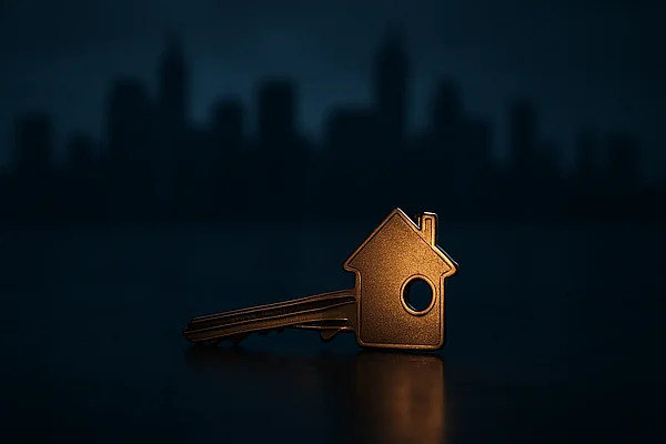 Makler: lokal und vertrauenswürdig Ein warm beleuchteter Hausschlüssel auf dunklem Untergrund mit angedeuteter Stadtsilhouette — Sinnbild für vertrauensvolle lokale Immobilienvermittlung