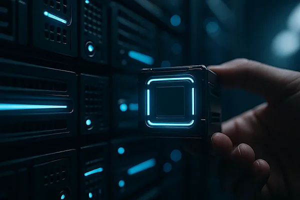 Go-Microservices Ein kleines, leuchtendes Container-Modul zwischen großen Server-Racks — Sinnbild für kompakte Go-Microservices