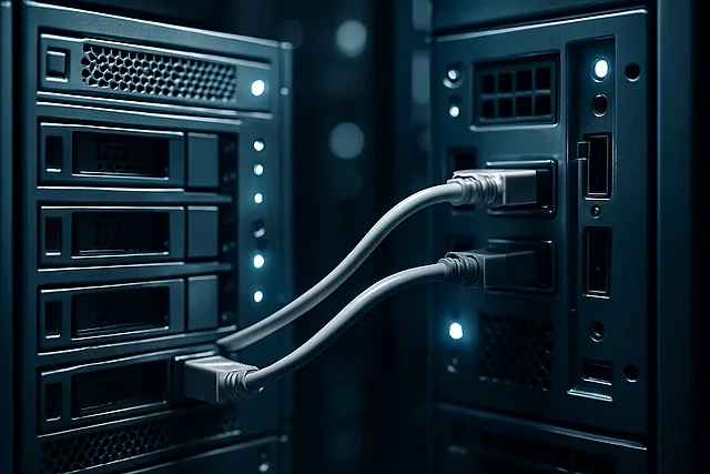 Zwei Server-Racks verbunden durch Datentransfer-Kabel – TYPO3-Migration von Version 12 auf 13