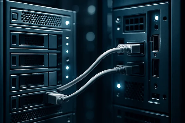 Zwei Server-Racks verbunden durch Datentransfer-Kabel – TYPO3-Migration von Version 12 auf 13