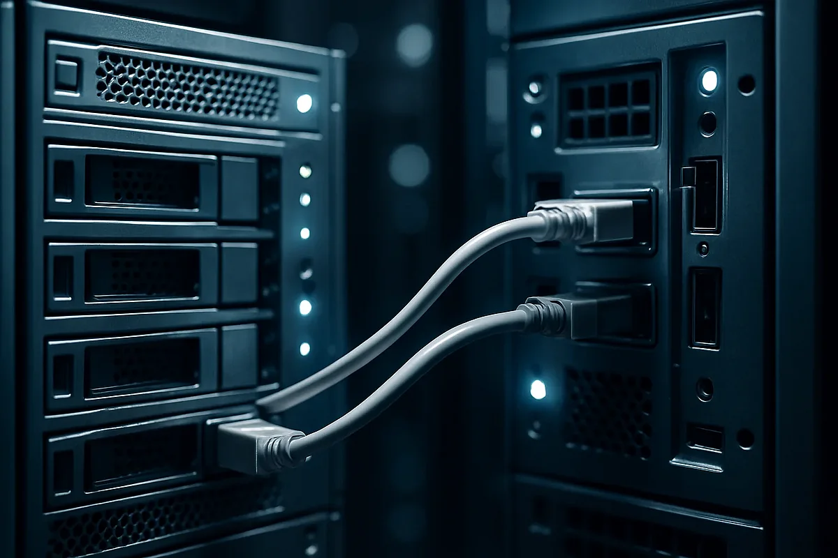TYPO3 12 auf 13 migrieren – Technischer Migrationsprozess im Rechenzentrum Zwei Server-Racks verbunden durch Datentransfer-Kabel – TYPO3-Migration von Version 12 auf 13
