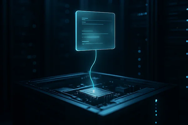 Headless-CMS für Website-Betreiber Schwebende leuchtende Inhalts-Fläche über einem Server-Chip, verbunden durch einen Datenstrang — Sinnbild für Headless: Inhalt getrennt von der Darstellung