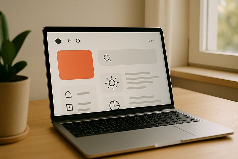 Laptop mit minimalistischer Website-Oberfläche auf einem hellen Schreibtisch
