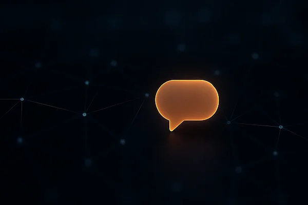 GEO / KI-Suche Eine leuchtende Antwort-Sprechblase aus einem dunklen Netz von Knoten — Sinnbild für Sichtbarkeit in KI-Antworten