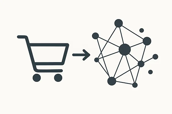 Agentic Commerce Abstrakte Illustration: ein Einkaufswagen-Symbol, das in ein Netzwerk aus verbundenen Punkten übergeht