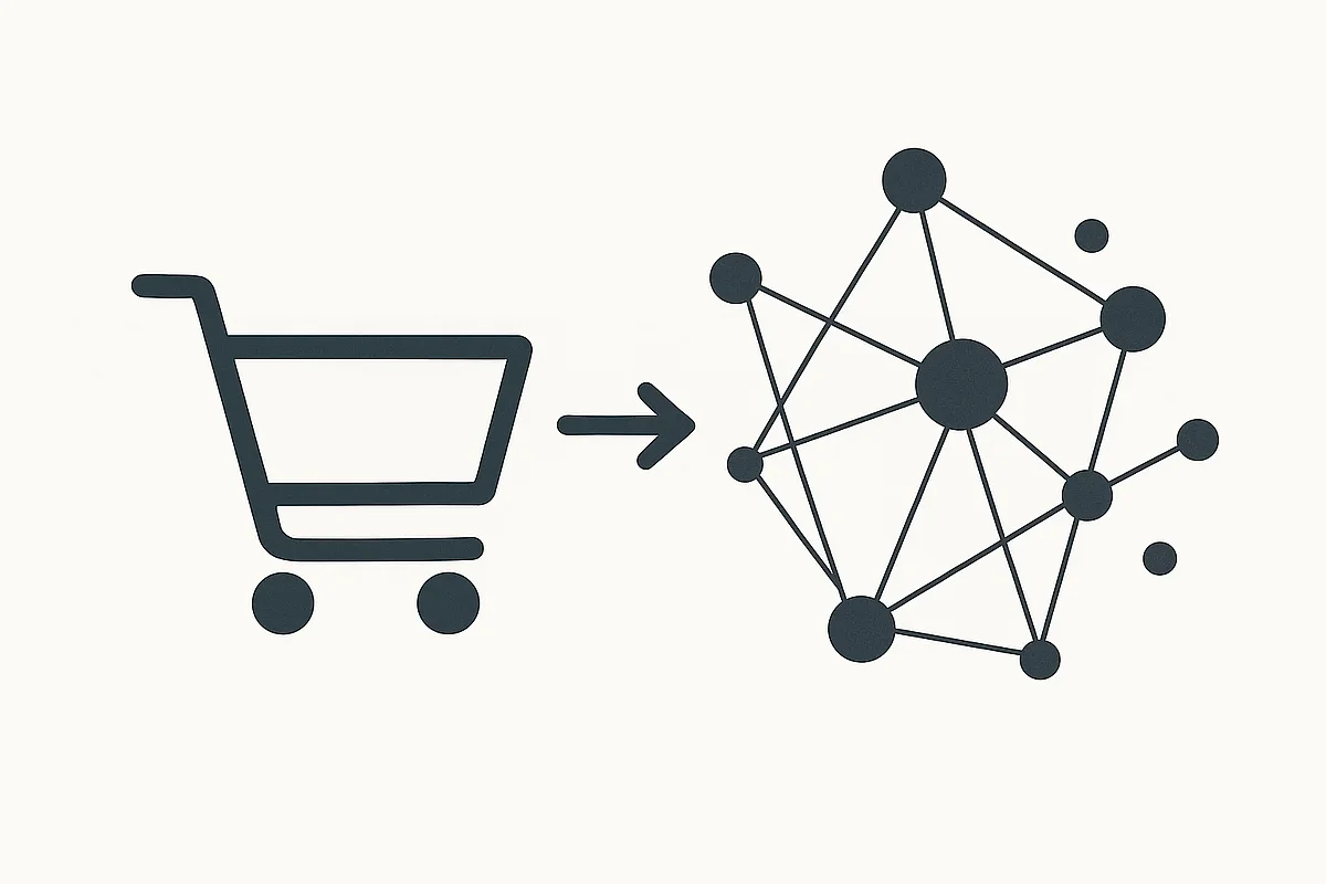 Agentic Commerce Abstrakte Illustration: ein Einkaufswagen-Symbol, das in ein Netzwerk aus verbundenen Punkten übergeht