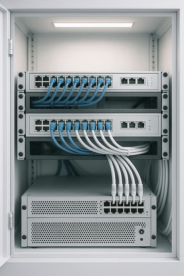 Cloud Web Devs: Netzwerk-Switch mit strukturierter Verkabelung in einem Serverschrank — Symbolbild für TYPO3-Hosting-Technik