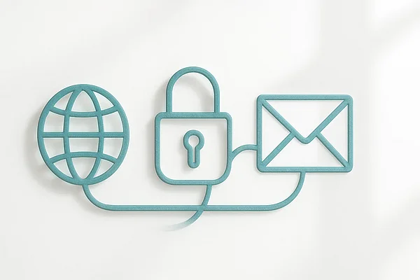 Verbundene Symbole für Domain, Schloss und Briefumschlag – Domain, SSL und E-Mail beim Umzug Verbundene Symbole für Domain, Schloss und Briefumschlag – Domain, SSL und E-Mail beim Umzug