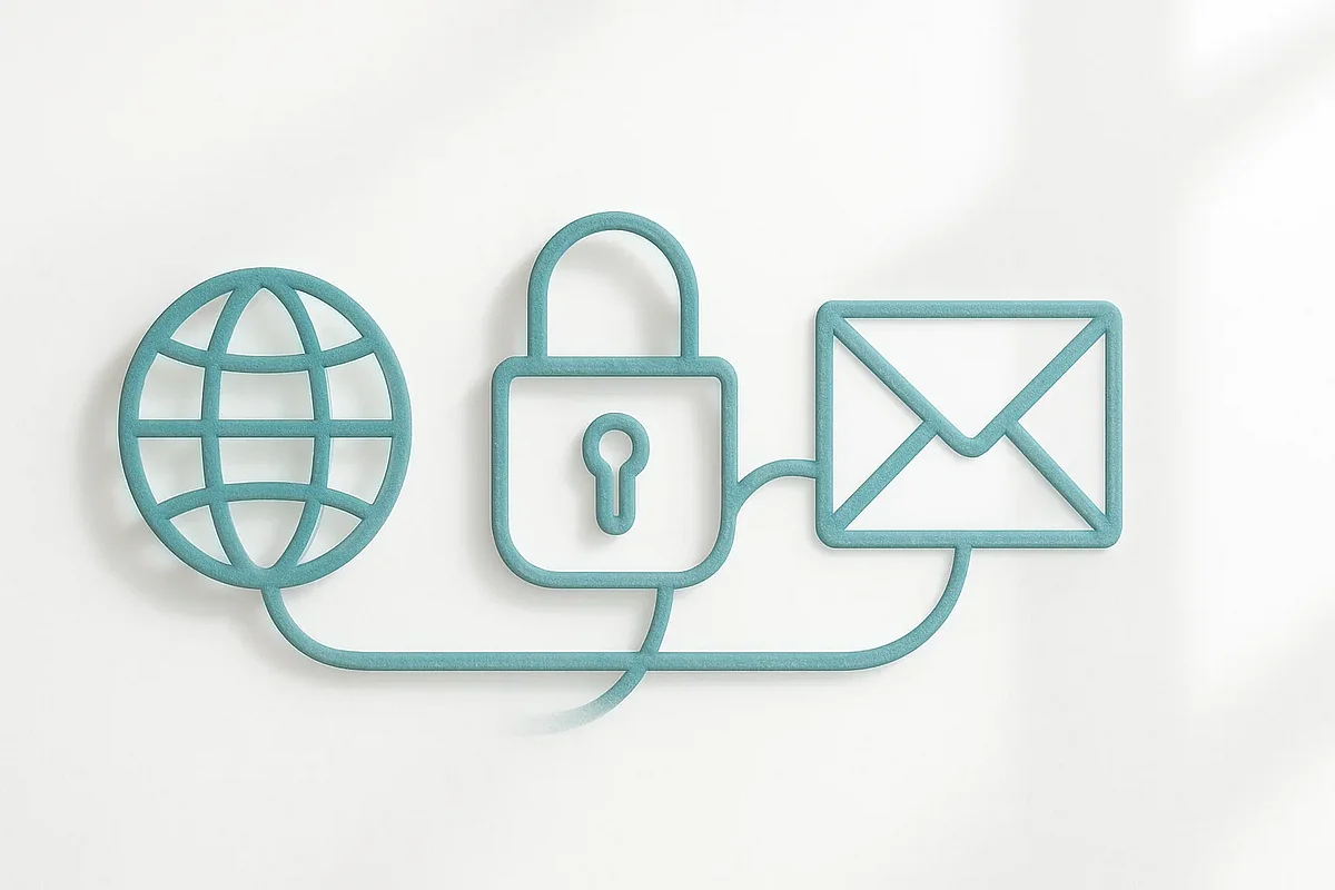 Verbundene Symbole für Domain, Schloss und Briefumschlag – Domain, SSL und E-Mail beim Umzug