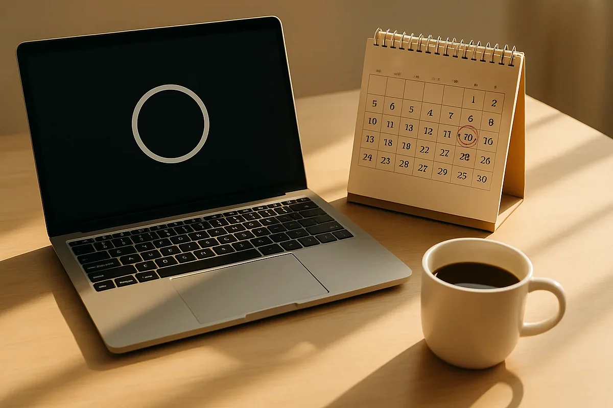 TYPO3 11 EOL — Symbolbild Laptop mit Fortschrittsanzeige neben Kalender mit markiertem Datum und Kaffeetasse