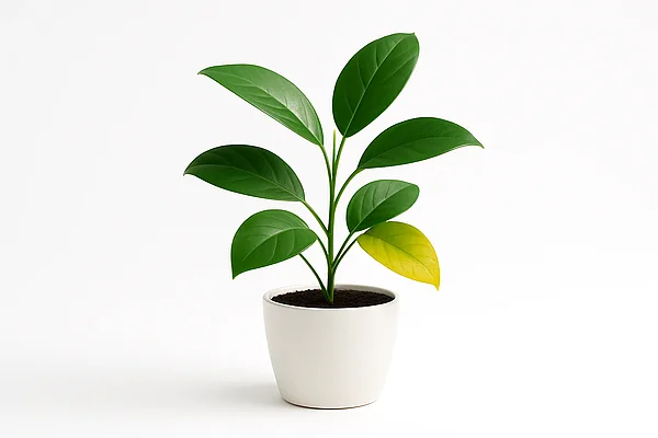 Pflanze mit einem gelben Blatt Kleine Topfpflanze mit überwiegend gesunden grünen Blättern und einem gelben Blatt, Symbolbild für ein frühes Warnzeichen bei einer veraltenden Extension