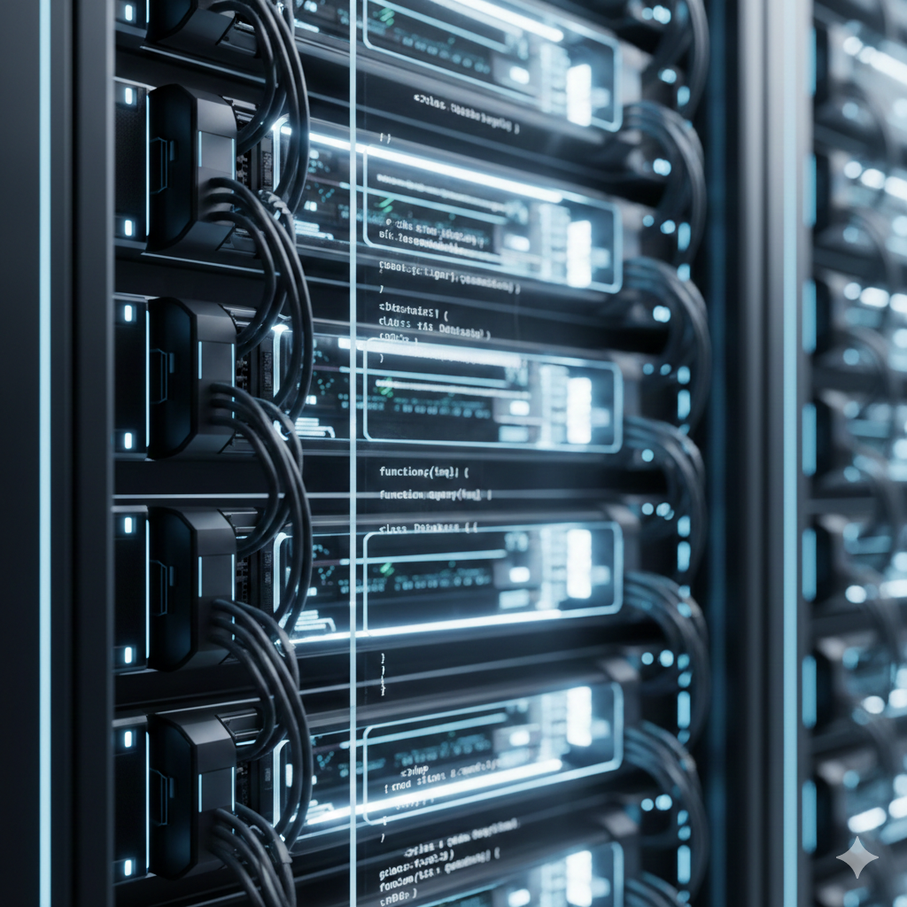 Futuristische Server-Rack-Nahaufnahme; PHP-Code spiegelt sich auf der Glasfront. Symbolbild für Cloud-Backend-Entwicklung.